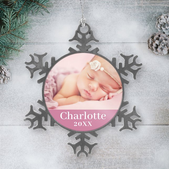 Pink Baby Girl Personalisiert Name Foto Schneeflocken Zinn-Ornament (Von Creator hochgeladen)