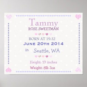 Pink Baby Girl personalisiertes Geburtsdatum Poster