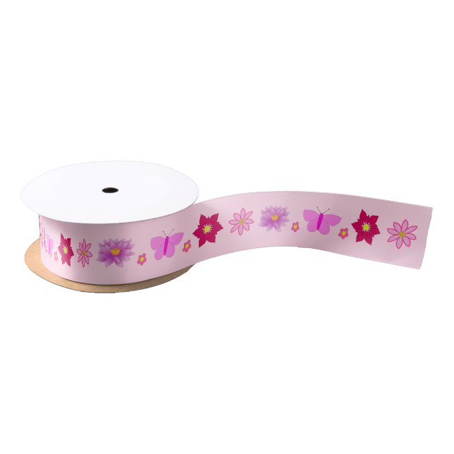 Pink Baby Girl Schmetterlinge und Blume Gemustert Satinband (Spule)