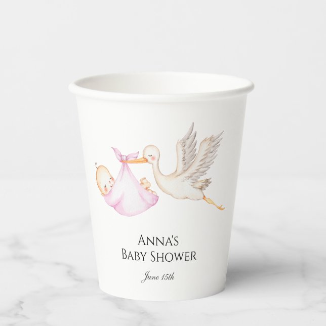 Pink Baby Girl Stork Baby Dusche Pappbecher (Vorderseite)