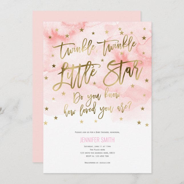 Pink, Baby Girl, Twinkle kleine Sterne, Babydusche Einladung (Vorne/Hinten)