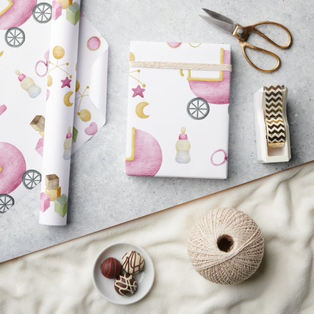 Pink Baby Girl Watercolor Thema Kinderdusche Geschenkpapier (Kunsthandwerk)