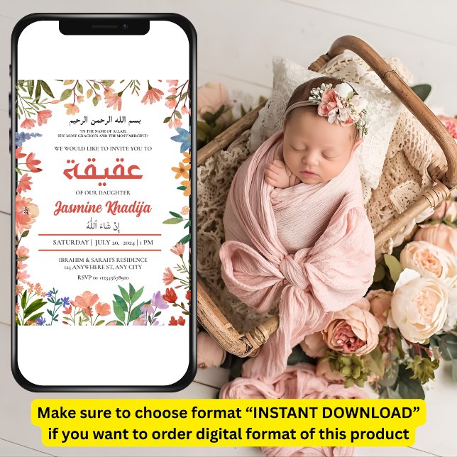 Pink Baby Girl Wildblume Muslim Aqiqah Aqeeqa Einladung (Von Creator hochgeladen)
