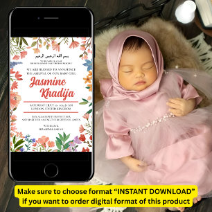 Pink Baby Girl Wildblume muslimische Geburtsankünd Einladung