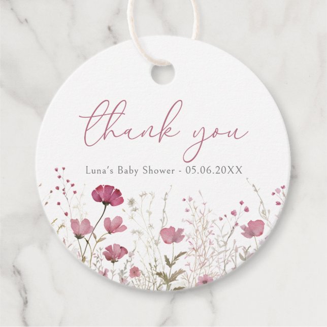 Pink Baby in Bloom Floral Wildblume Babydusche Geschenkanhänger (Vorderseite)