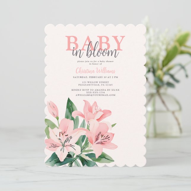 Pink Baby in Bloom Girl Babydusche Einladung (Stehend Vorderseite)