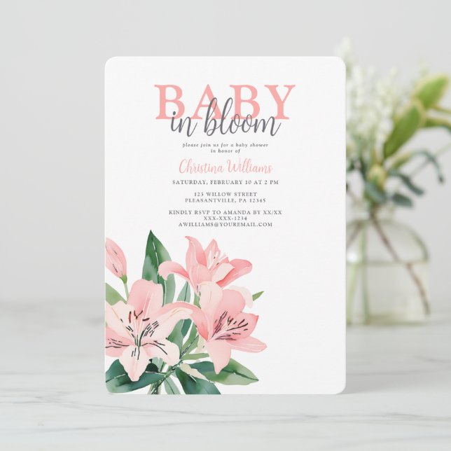 Pink Baby in Bloom Girl Babydusche Einladung (Stehend Vorderseite)