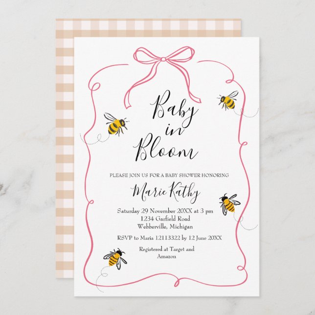 Pink Baby in Bloom Rustic Bee Daisy Einladung (Vorne/Hinten)