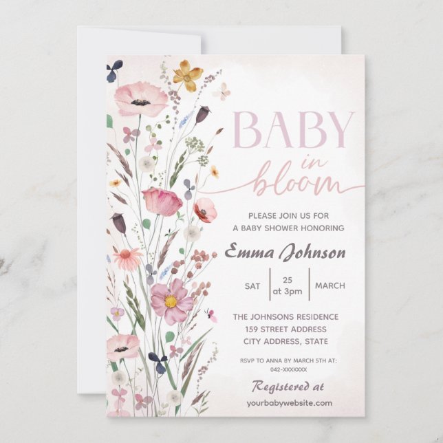 Pink Baby in Bloom Wildblume Babydusche Einladung (Vorderseite)