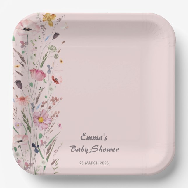 Pink Baby in Bloom Wildblume Babydusche Pappteller (Vorderseite)