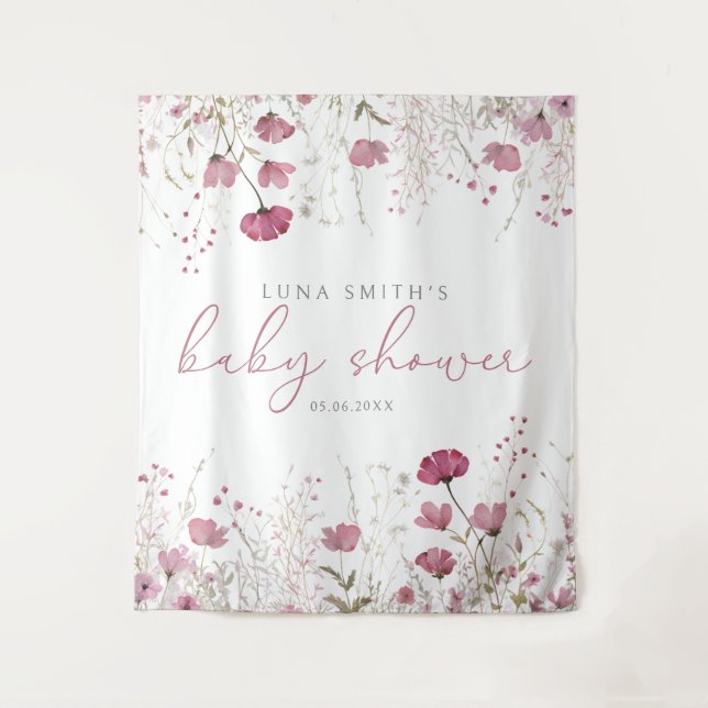 Pink Baby In Bloom Wildflower Baby Shower Backdrop Wandteppich (Vorderseite)