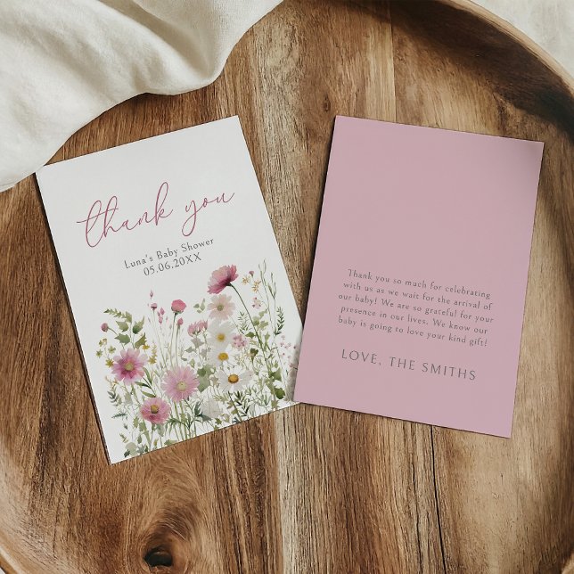 Pink Baby In Bloom Wildflower Baby Shower Flat Dankeskarte (Von Creator hochgeladen)