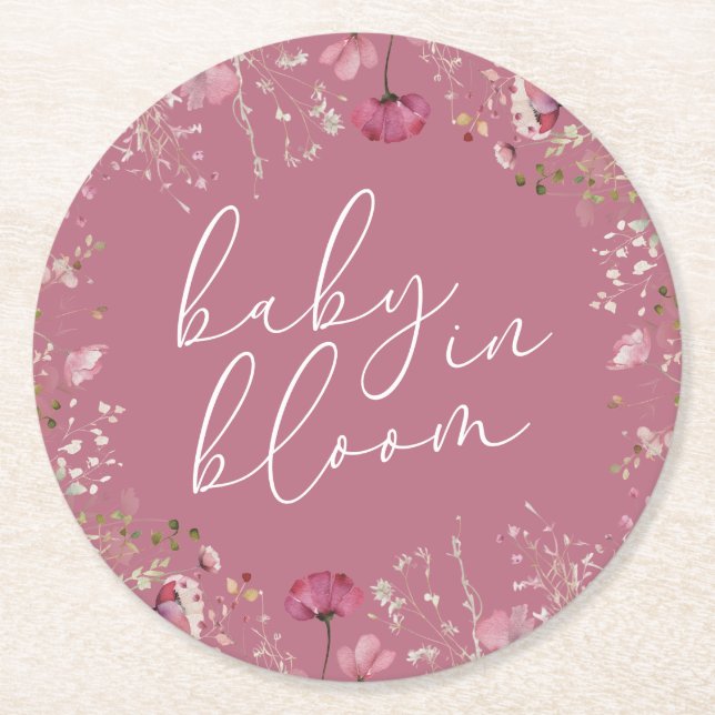 Pink Baby In Bloom Wildflower Baby Shower Runder Pappuntersetzer (Vorderseite)