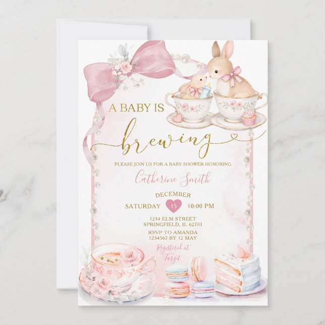 Pink Baby Is Brewing Bunny Tea Party Baby Shower Einladung (Vorderseite)