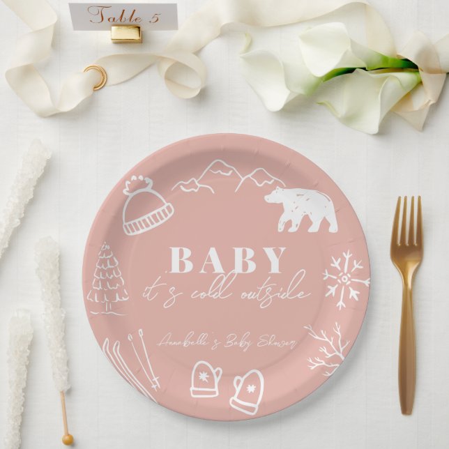 Pink Baby It's Cold Outside Hand-drawn Baby Shower Pappteller (Hochzeit)