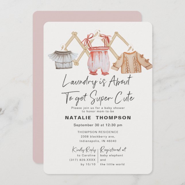 Pink Baby Kleidung Wäscherei Niedlich Babydusche Einladung (Vorne/Hinten)