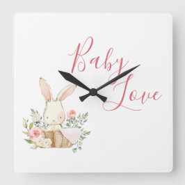 Pink Baby Liebe Script Woodland Forest Bunny Rabbi Quadratische Wanduhr