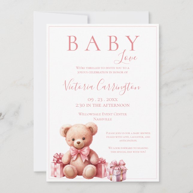 Pink Baby Liebe Watercolor Bärendusche Einladung (Vorderseite)