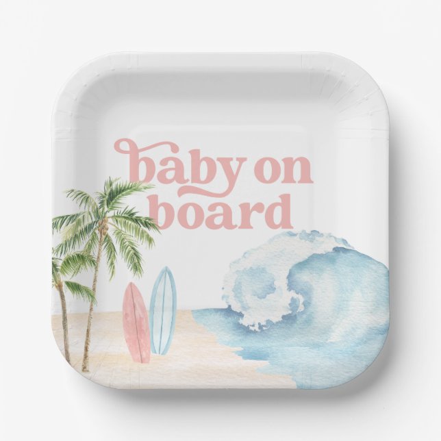 Pink Baby on board Beach Surf Baby Dusche Pappteller (Vorderseite)