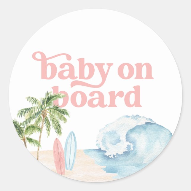 Pink Baby on board Beach Surf Baby Dusche Runder Aufkleber (Vorderseite)