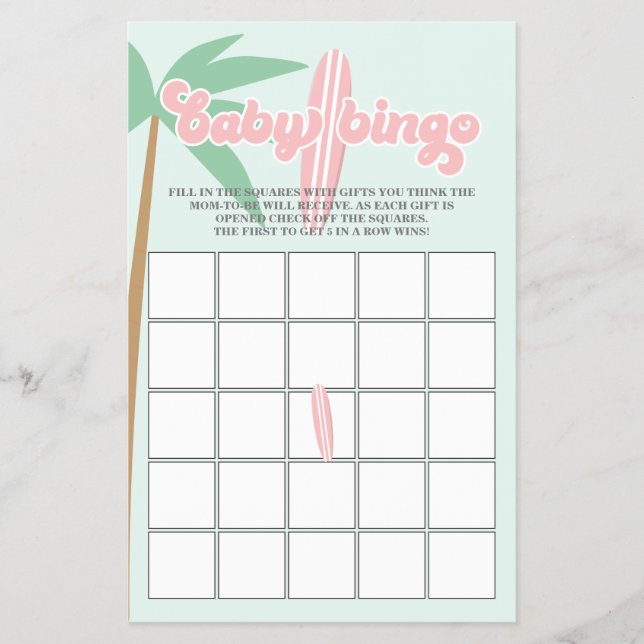 Pink Baby on Board Surfing Baby Shower Bingo Flyer (Vorne)