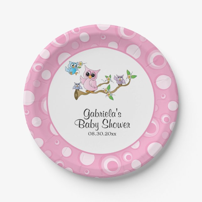 Pink Baby Owl Baby Dusche Thema Pappteller (Vorderseite)