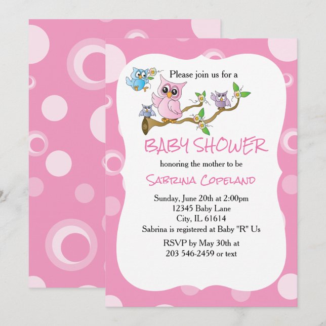 Pink Baby Owl | Thema Dusche Einladung (Vorne/Hinten)