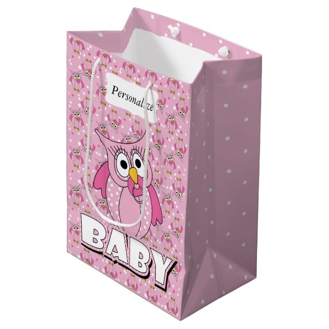 Pink Baby Polka Dotted Owl Mittlere Geschenktüte (Vorderseite Schrägansicht)