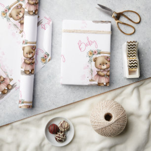 Pink Baby Script Teddy Bear Baby Dusche Geschenkpapier