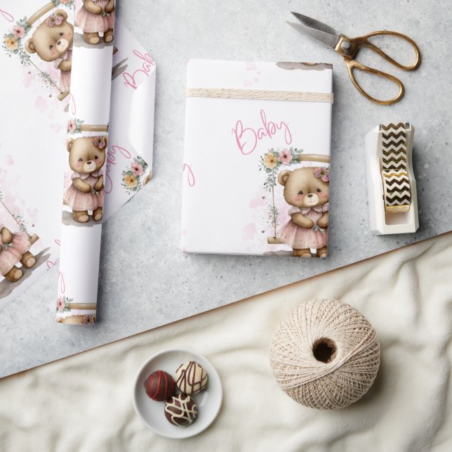 Pink Baby Script Teddy Bear Baby Dusche Geschenkpapier (Kunsthandwerk)
