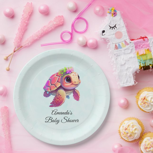 Pink Baby Sea Turtle Whimsical & Niedlich Baby Dus Pappteller (Party)