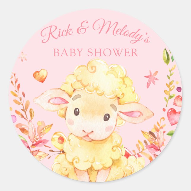Pink Baby Sheep / Lamm Pink Girl's Baby Dusche Runder Aufkleber (Vorderseite)