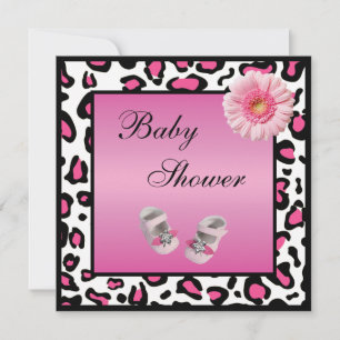 Pink Baby Shoes Gerbera & Animal Print Baby Dusche Einladung