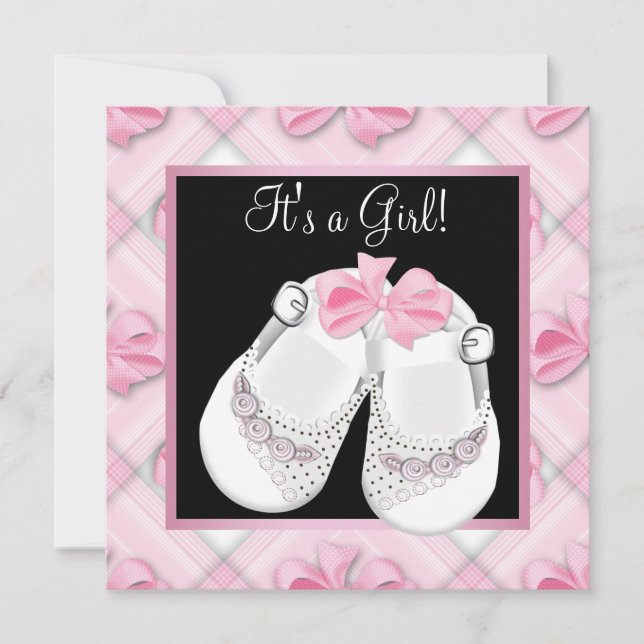 Pink Baby Shoes Pink Black Baby Girl Dusche Einladung (Vorderseite)