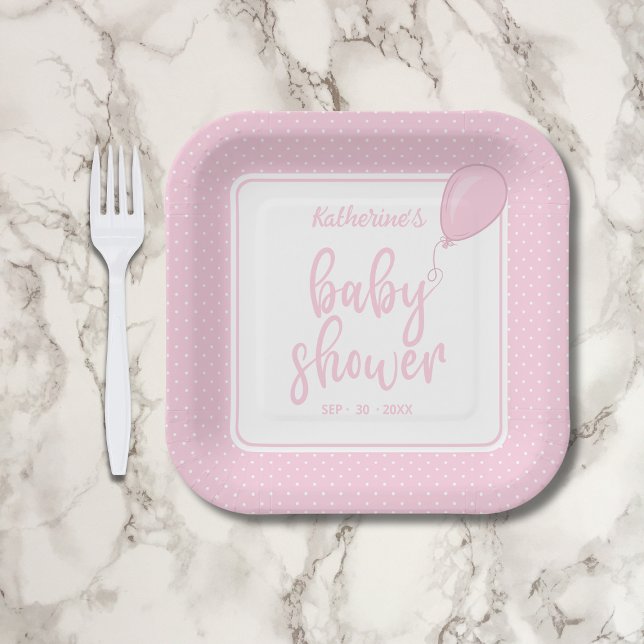 Pink Baby Shower Baby Girl Polka Dot Pappteller (Pink Polka Dot Baby Shower Paper Plate with Mom's Name, Shower Date, Balloon.)