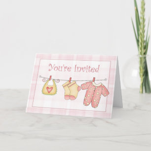 Pink Baby Shower Invitation with Clothesline Einladung