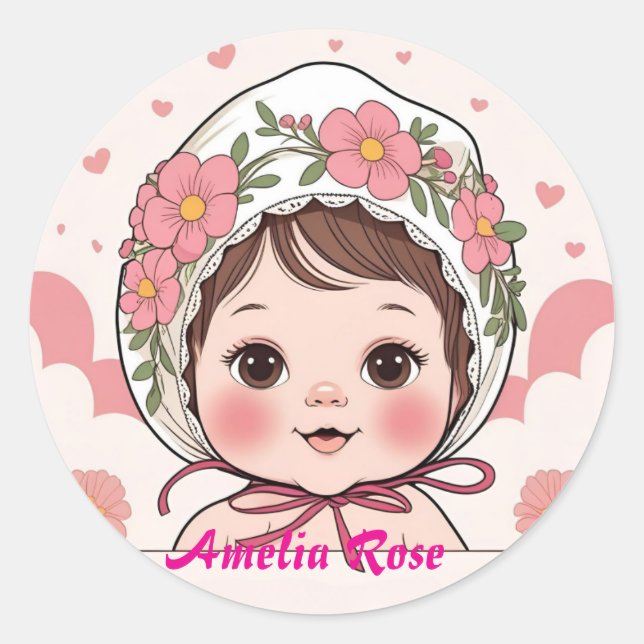 Pink Baby Shower Sticker with Watercolor Flowers & (Vorderseite)
