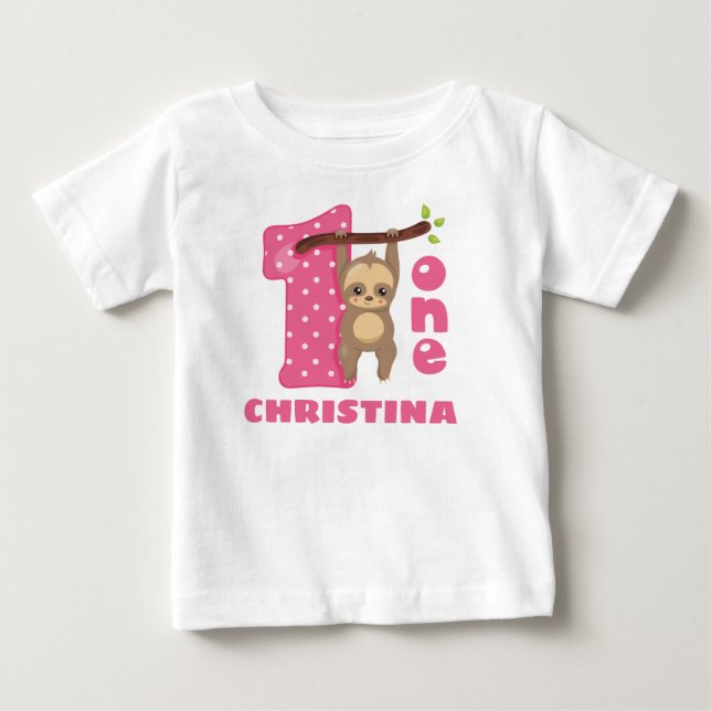 Pink Baby Sloth 1. Geburtstag T-shirt (Vorderseite)
