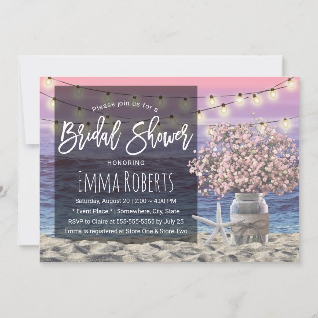 Pink Babys Breath Jar Beach Starfish Brautparty Einladung (Vorderseite)
