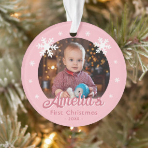 Pink Baby's First Christmas Snowflakes Foto Ornament