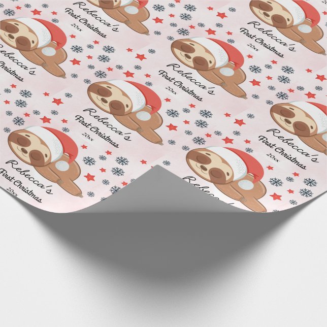 Pink Baby's Girl First Christmas Niedlich Sloths Geschenkpapier (Ecke)