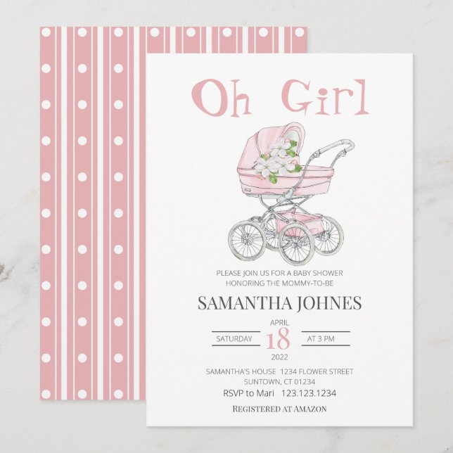  Pink Babytrommel Blossom Babydusche   Einladung (Vorne/Hinten)