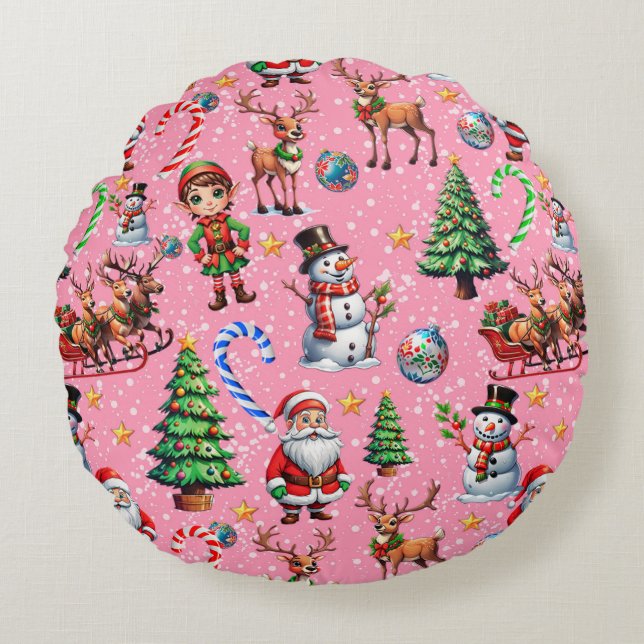 Pink Background Christmas Decorative Pattern Rundes Kissen (Vorderseite)