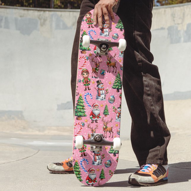 Pink Background Christmas Decorative Pattern Skateboard (Von Creator hochgeladen)