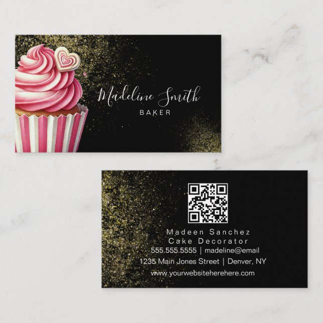 Pink Baker Glitzer Cupcakes QR Code Schwarz Visitenkarte (Vorne/Hinten)