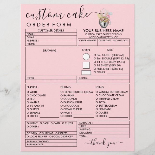 PinK Bakery Modern Illustration Cake Order Form Flyer (Vorne)