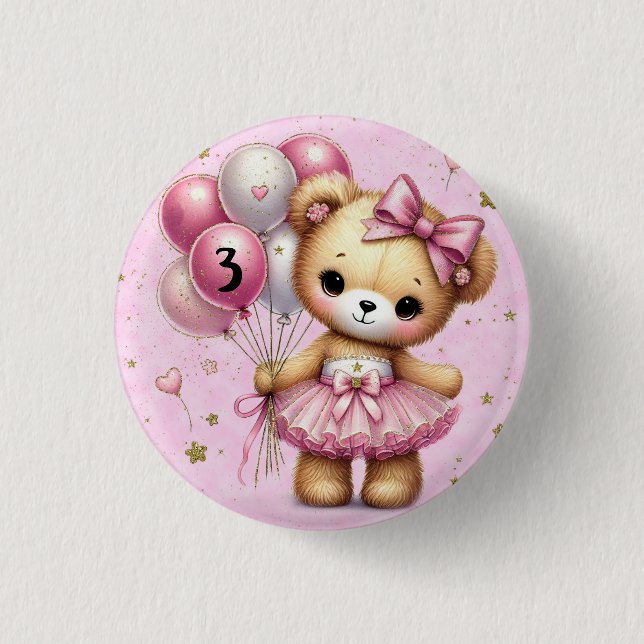 Pink Ballerina Bear Glitzer Ballon Birthday Girl Button (Vorderseite)