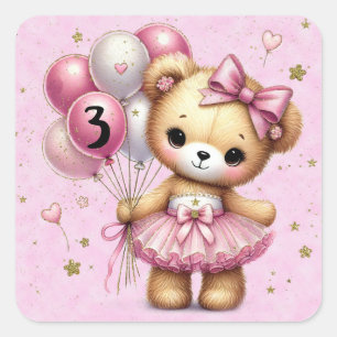 Pink Ballerina Bear Glitzer Ballon Geburtstagspart Quadratischer Aufkleber