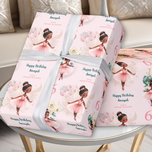 Pink Ballerina Girl Birthday Dark Skin Individuell Geschenkpapier (Pink Ballerina Girl Birthday Dark Skin Custom Name Wrapping Paper)