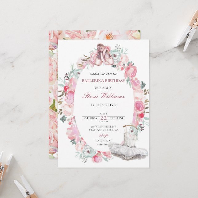 Pink Ballerina Girl Einladung zum Geburtstag (Vorderseite/Rückseite Beispiel)